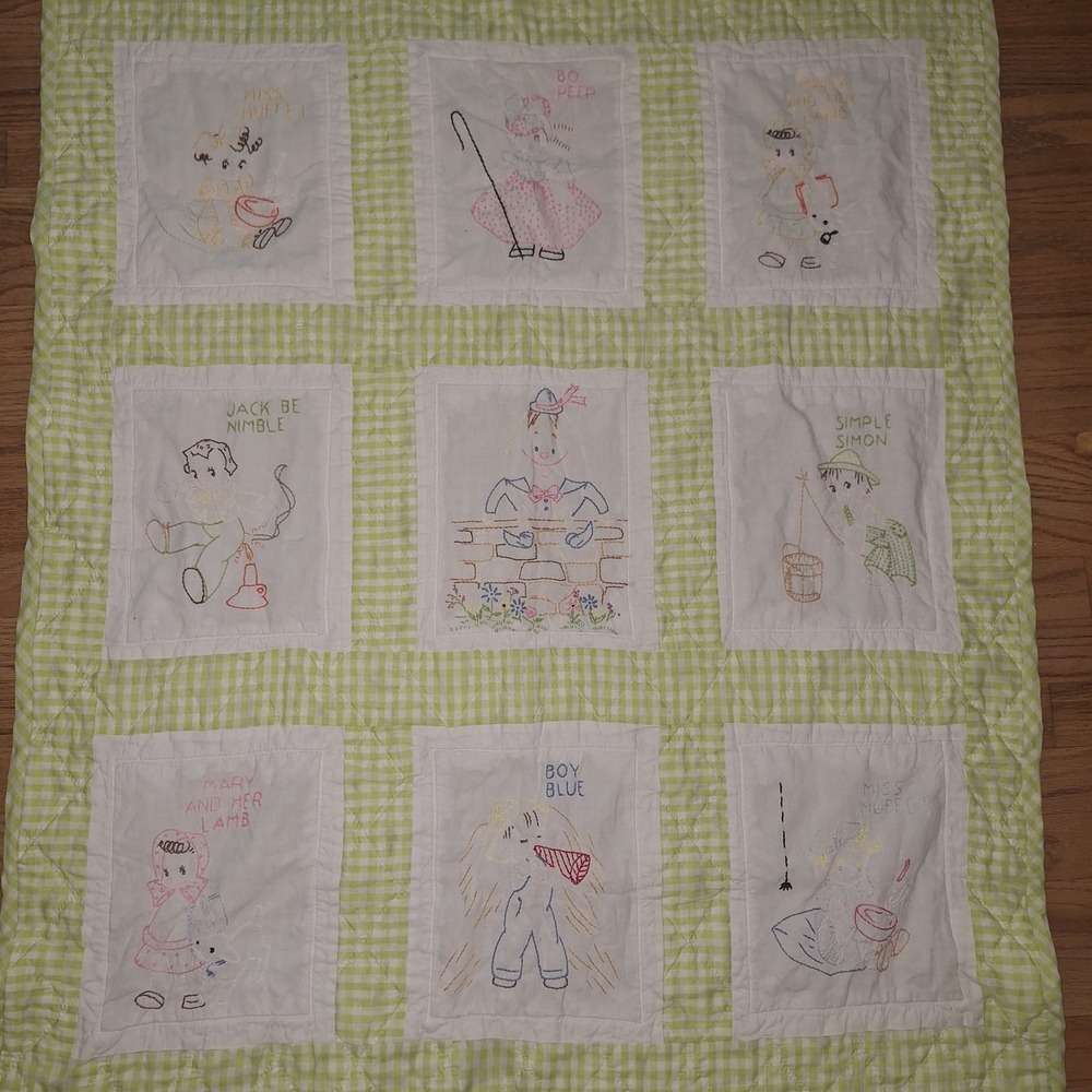 Vtg Quilt Baby Nursery Rhyme Embroidered Block Gingham Green 4x3 Cottagecore